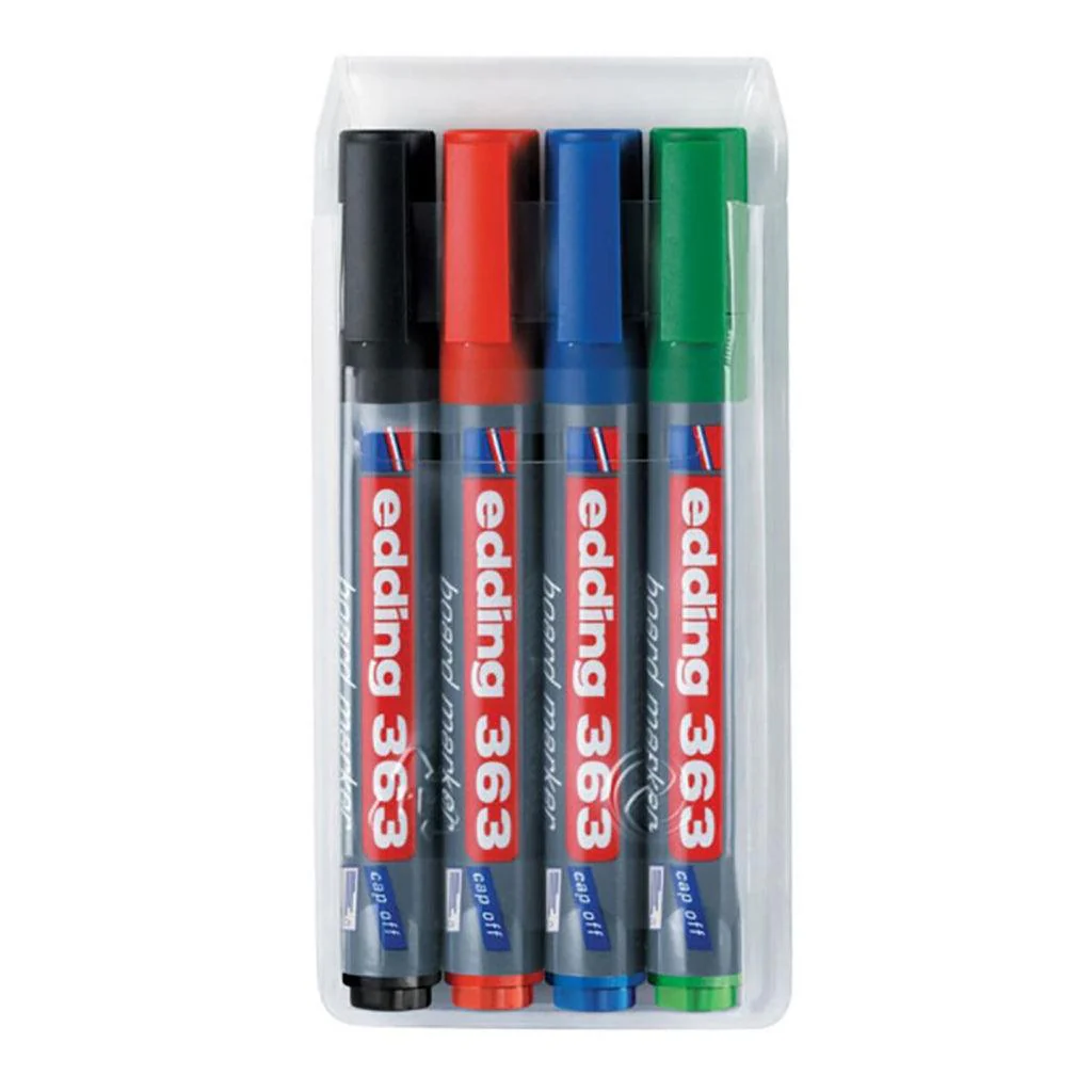 قلم سبورة أبيض E-363/ 4 S من إيدينج برأس مشطوف، 4 قطع، أسود/أحمر/أزرق/أخضر