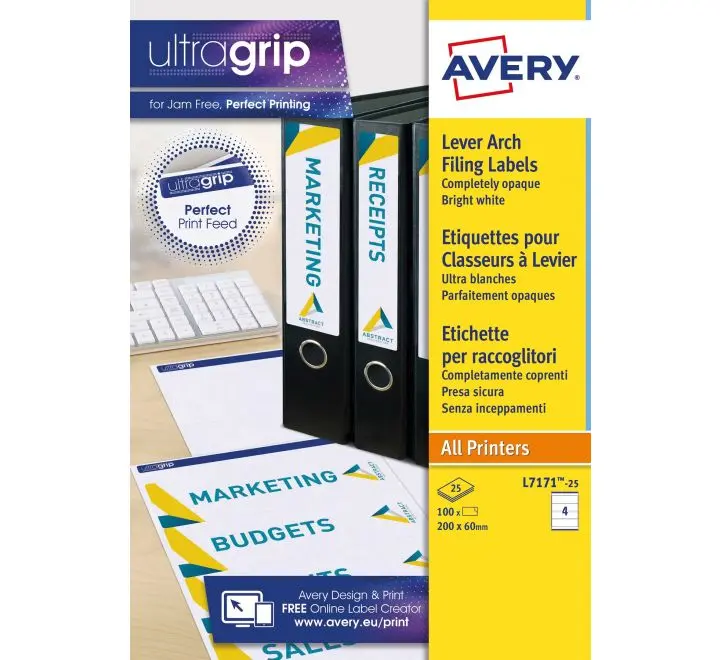 ملصقات الملفات L7171-25 بتقنية ULTRAGRIP، 200 × 60 مم، 4 ملصقات لكل ورقة، 25 ورقة في العبوة - Image 4